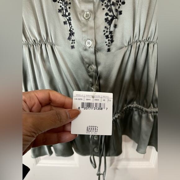 Moschino Cheap and Chic Green Y2K NWT Silk Black Floral Sheer Mesh Sleeve Top 14 - Picture 2 of 7